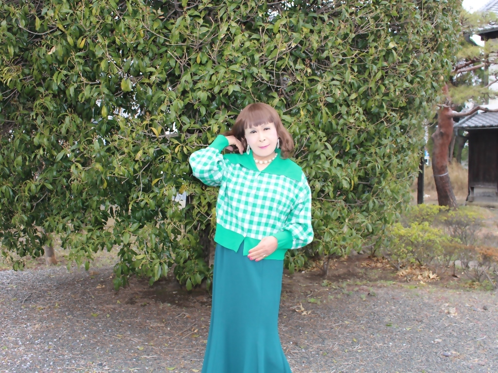 緑ビックカラーカーデ緑マキシスカートA(4)