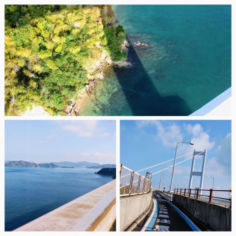 今治駅から来島海峡大橋を渡って大島に向かいます。海が綺麗～！