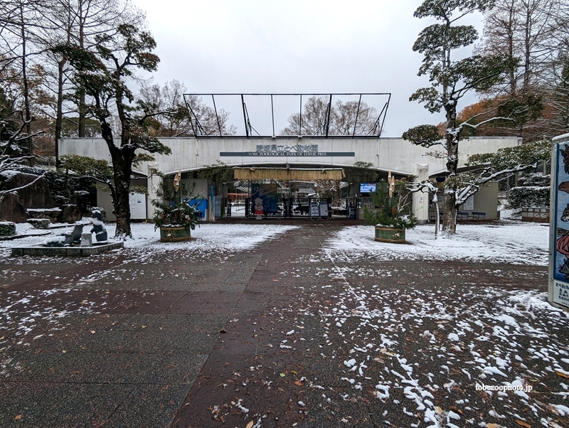 雪景色のとべ動物園の入り口　（撮影2022年12月23日）