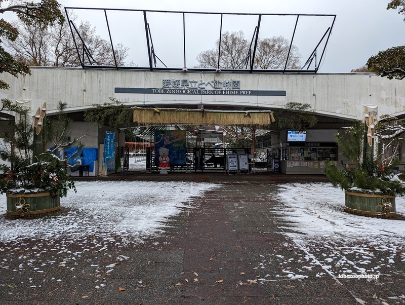 雪景色のとべ動物園の入り口　（撮影2022年12月23日）