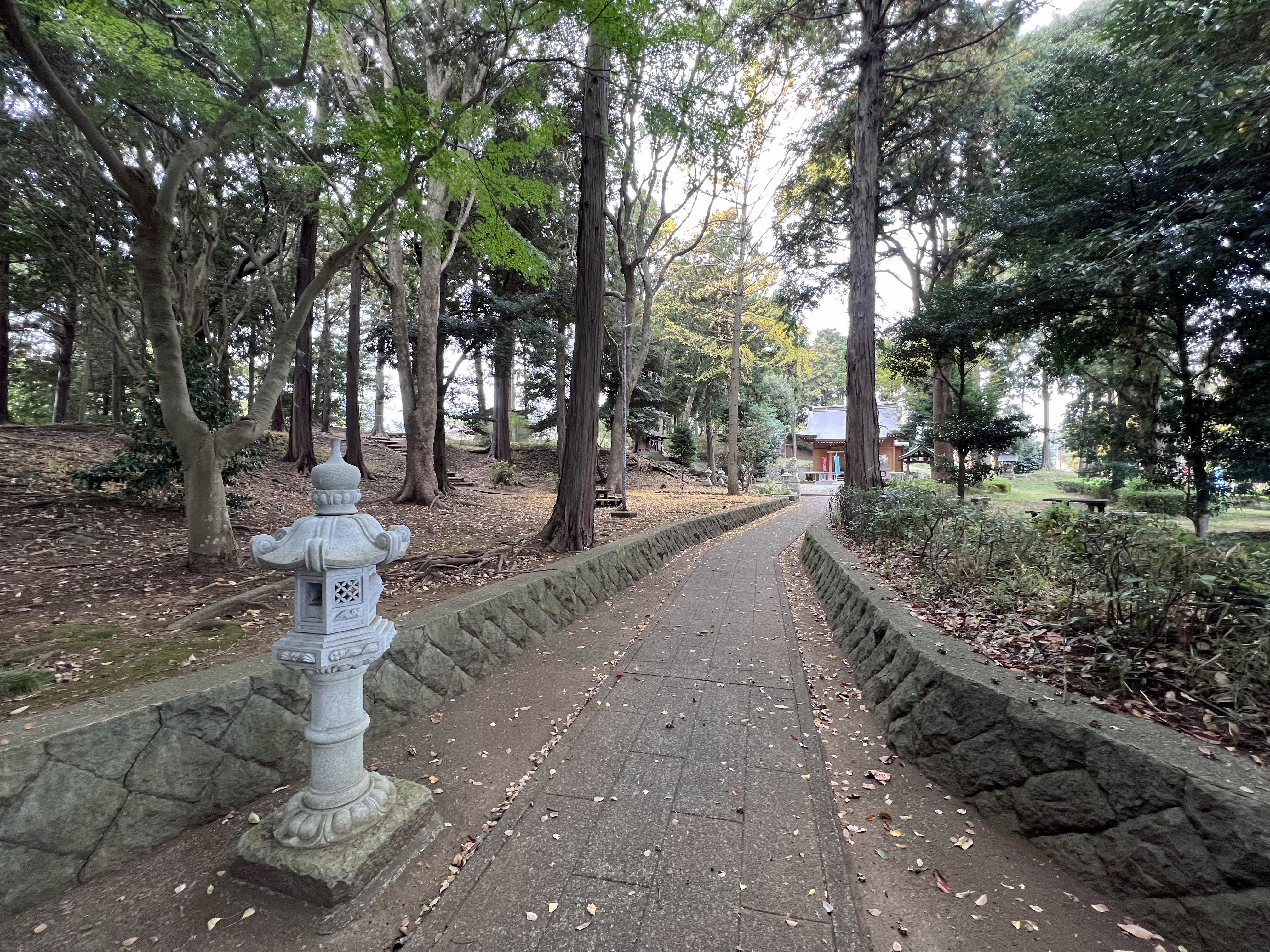 2南曲輪　曲輪の大半と土塁が現存。廃城後に城山神社が建立、手水舎脇に解説盤あり